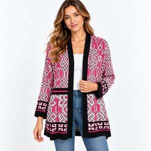 Susan Graver Liquid Knit Cardigan Women's Size XL Pink Geometric Casual Office